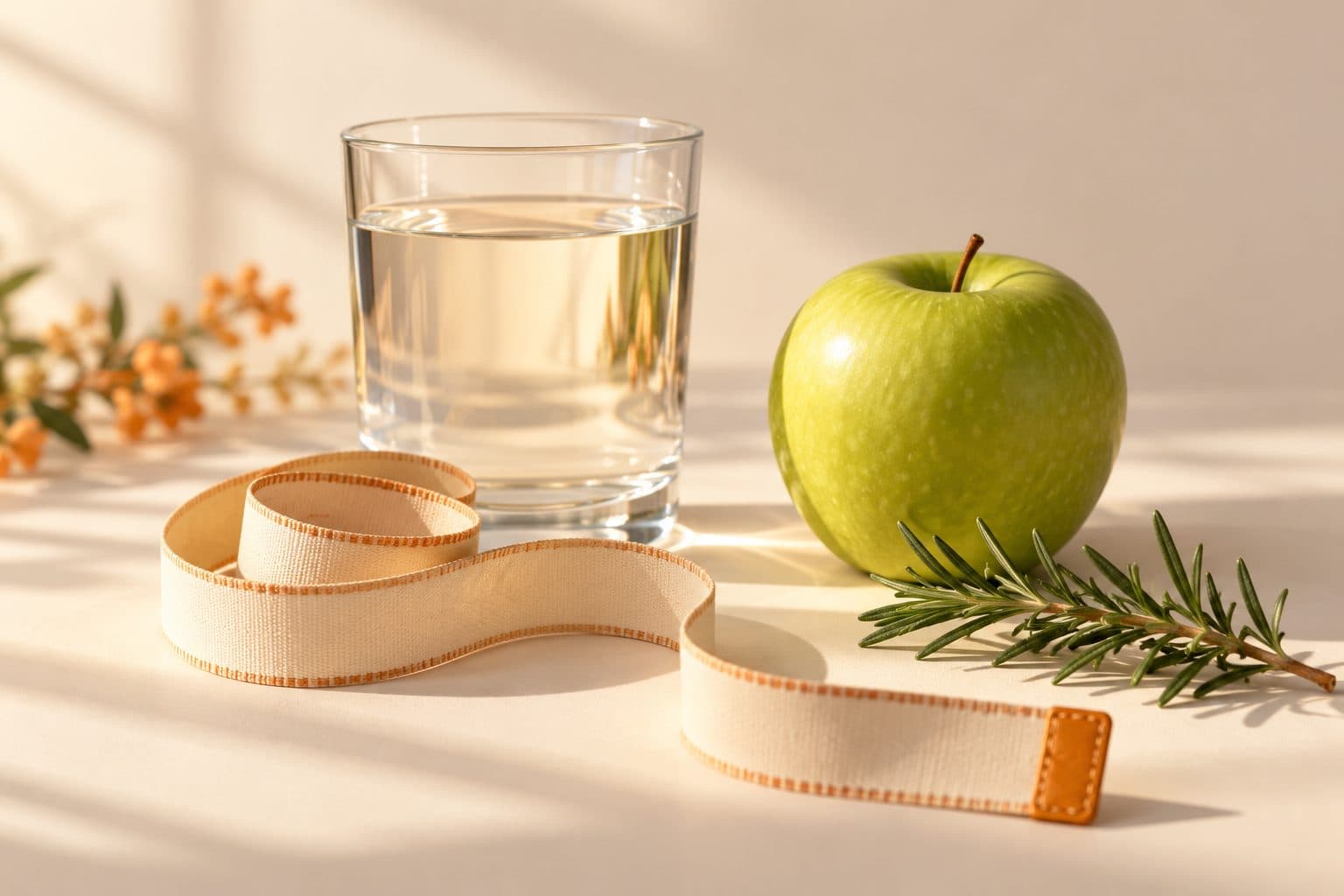 A cloth tape measure coiled beside a glass of water and a green apple