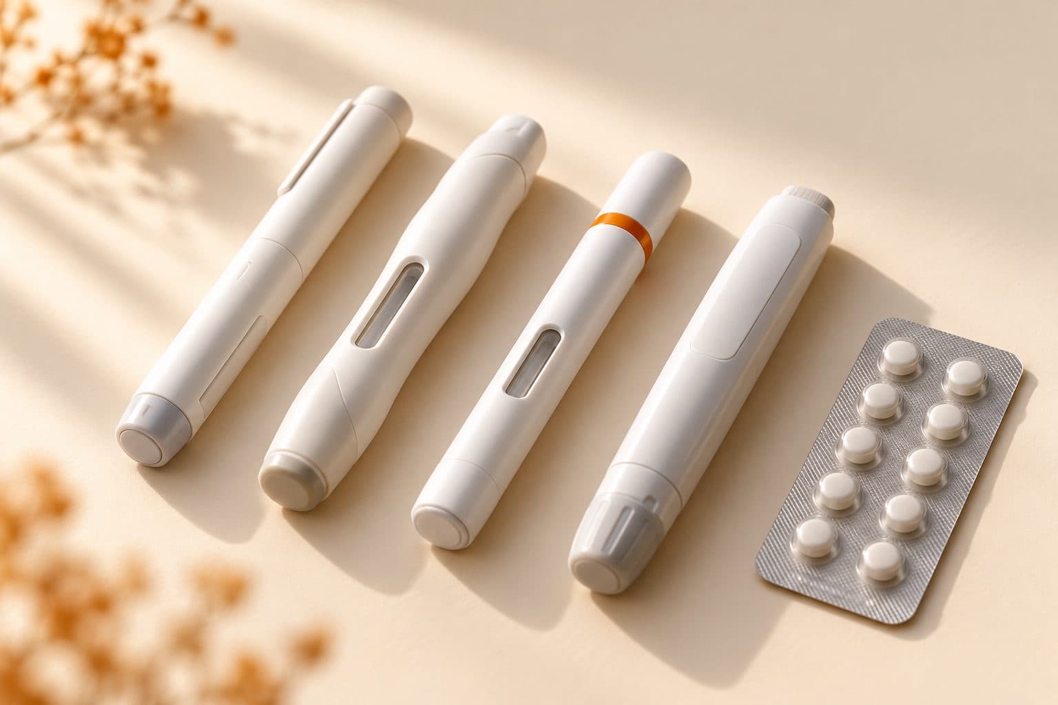 Four unbranded injector pens and a pack of tablets in a row