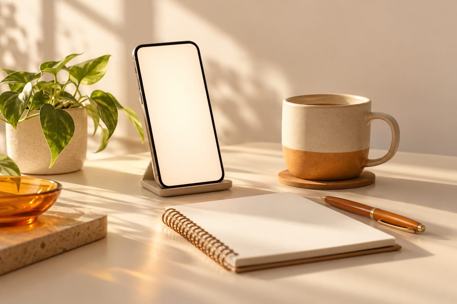 A phone on a stand beside a mug and a notebook on a desk