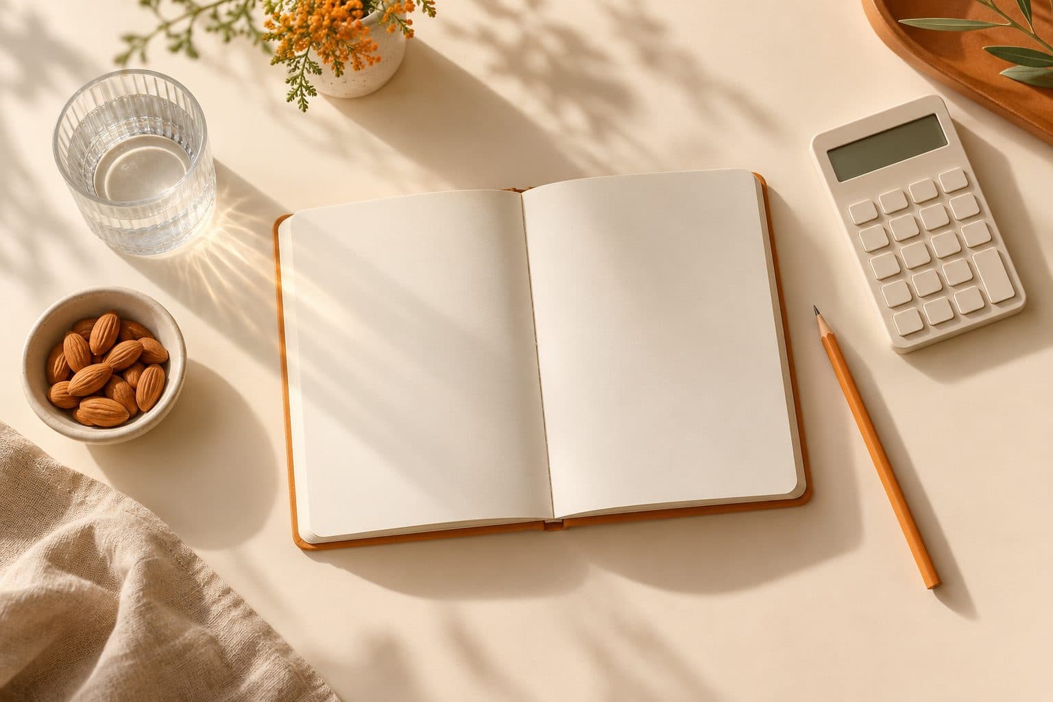 An open notebook, a calculator, a glass of water and a bowl of almonds on a desk