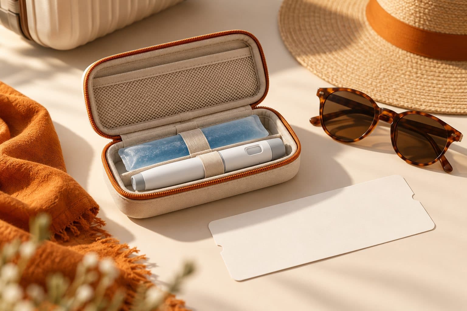 An insulated travel case holding an injector pen and an ice pack, beside sunglasses