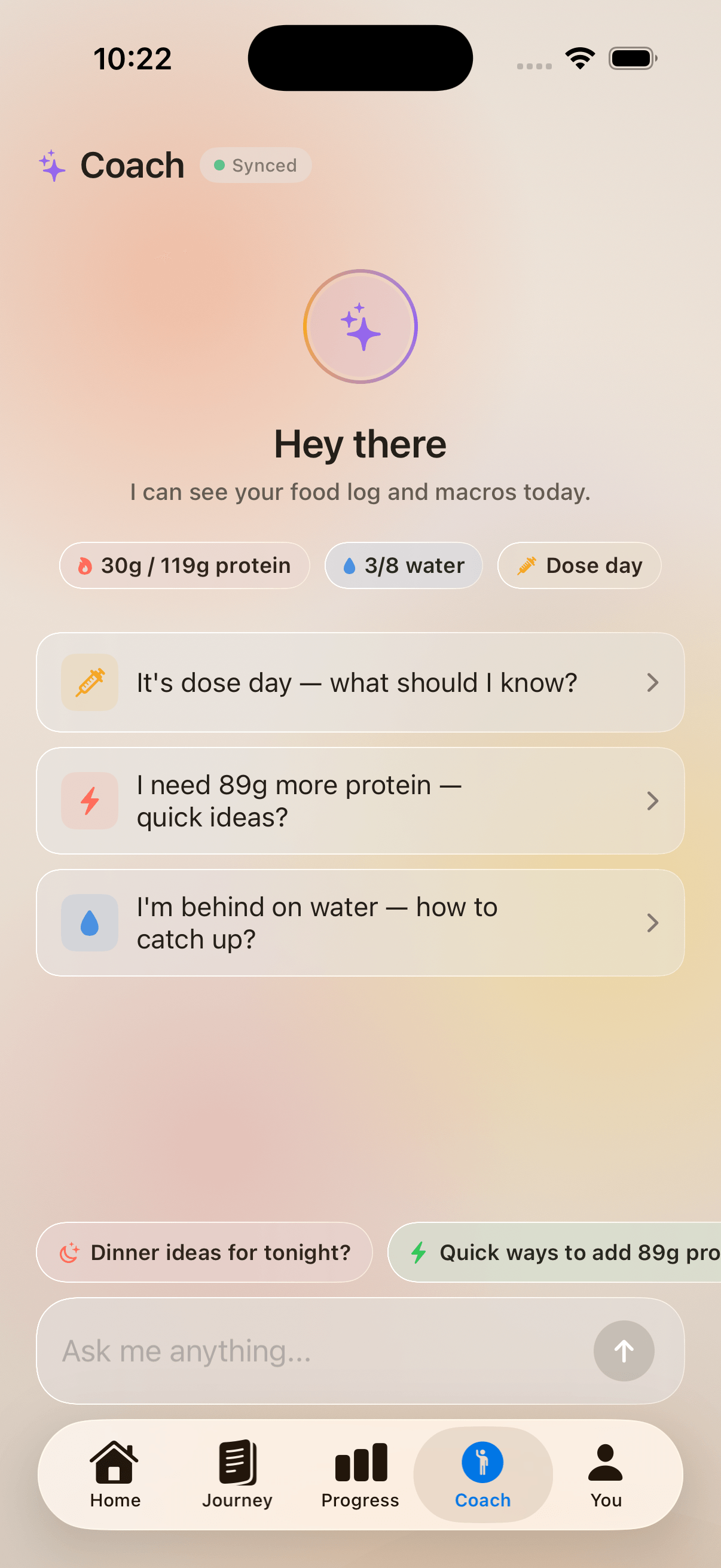 Steady Coach, a GLP-1-aware assistant that reads your meals and symptoms before it answers.