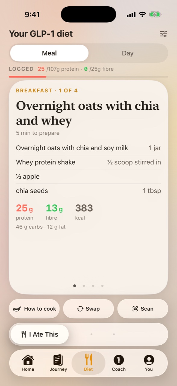 The Diet tab in Foodose: the day's plated meals with portions, protein first.